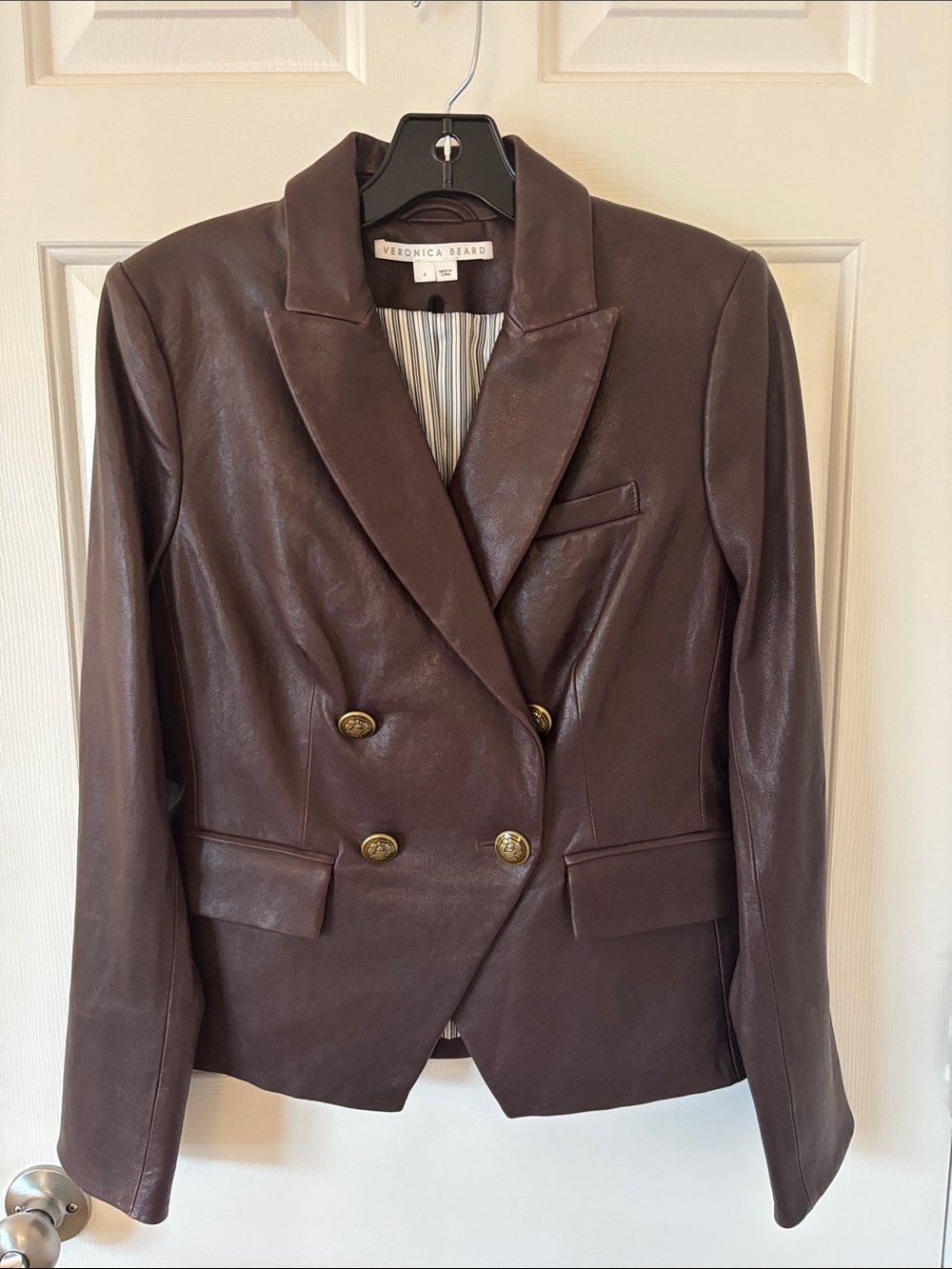 Veronica Beard Dark Brown Double-Breasted Leather Blazer with Gold Buttons NEW